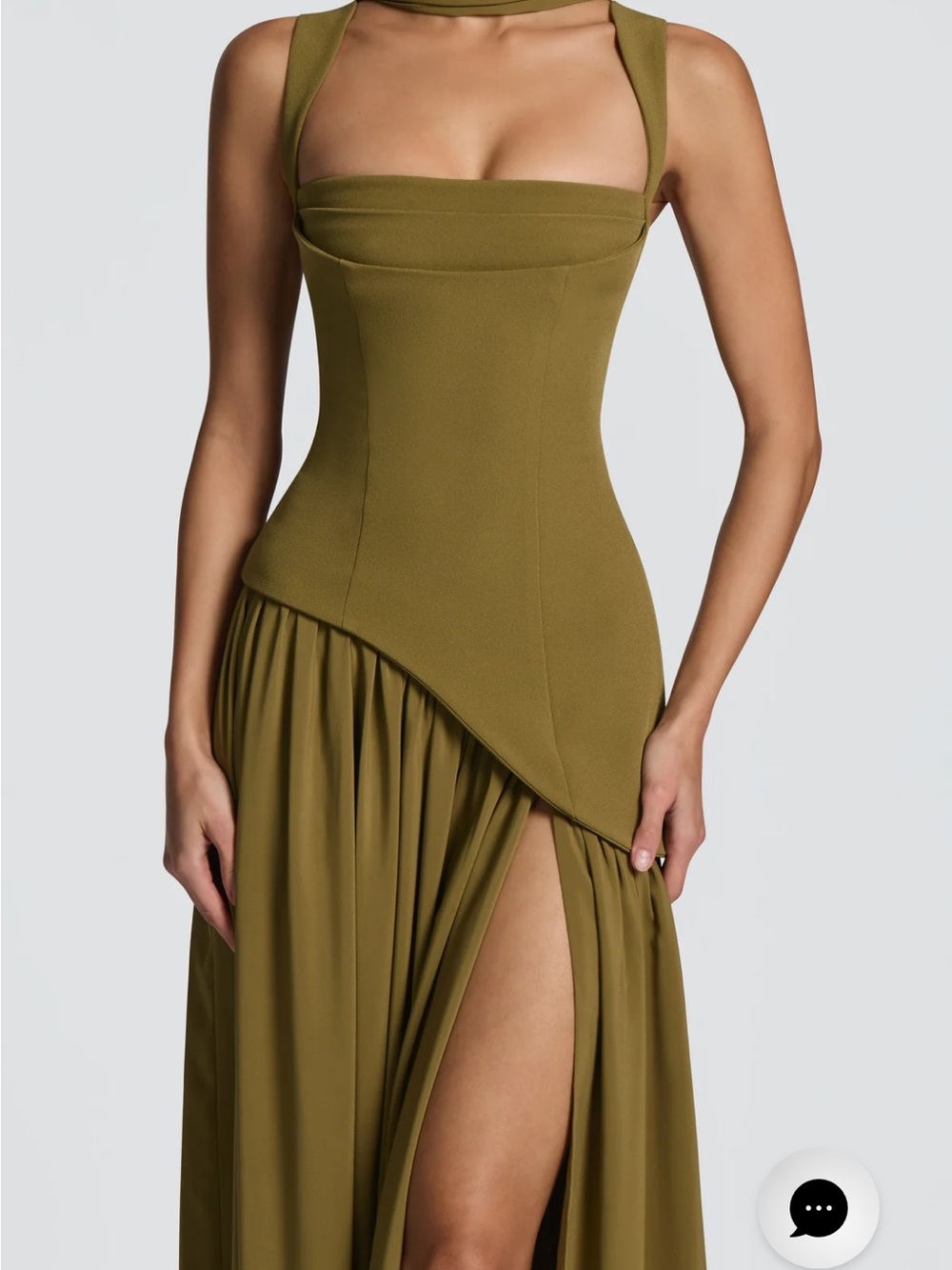 Olive Asymmetrical Corset Maxi Dress with High Slit